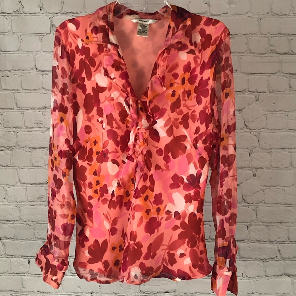 SHIRT - Women's Edward 100% Silk blouse in Pink, Orange and Red Florals. Size M